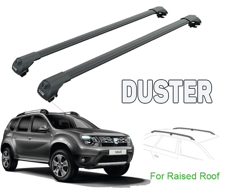 Dacia Duster Raised Rail Roof Rack Cross Bars Set Aluminuim Travel Set Black Color Dacia Duster Raised Rail Roof Rack Cross Bars Set Aluminuim Travel Set Black Color